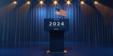 Fototapeta Boho - A dark blue podium with the numbers 2024 and a American flag waving on top