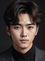 Wall Mural - plain black background close-up portrait portrait of young handsome korean idol from Generative AI