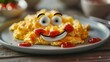 A funny face drawn on a plate using ketchup and mustard, with scrambled eggs as the background, a creative and playful meal 8K , high-resolution, ultra HD,up32K HD