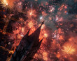 An upwards view of a grand cathedral spire enveloped by the intense colors and sparks of a lively fireworks display. Cathedral Spire Amidst Vibrant Fireworks Display

