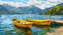 The Background Has A Pier, Mountains, And Two Yellow Rowing Boats On The Lake.
