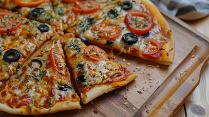 Wall Mural - Vegan pizza with vegetables on a wooden kitchen board