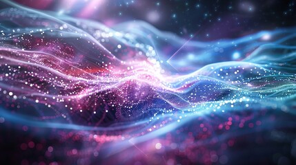 Poster - quantum technology concept: futuristic science background with dynamic particles and waves, abstract