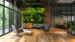 © Bi - A modern, eco-friendly office environment promoting employee health, featuring a lush living green wall, natural light, and ergonomic furniture designed for comfort and productivity