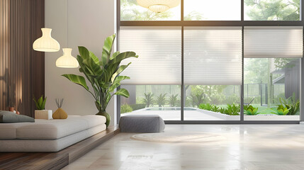 Wall Mural - Modern interior window with energy-efficient cellular shades, featuring honeycomb design for superior thermal insulation and light control in a stylish home setting