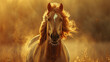 A beautiful palomino horse with long flowing mane backlit by the setting sun