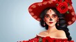 Calavera. Woman with Day of the Dead Makeup and Red Sombrero, Cinco de Mayo Banner with Copy Space