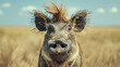 A close up photo of an ugly warthog with a funny hairdo