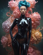 woman with blue hair and black latex stands in front of a background of flowers.