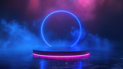 Wall Mural - empty blue podium hovering gracefully, amidst a luminous blue neon ring
