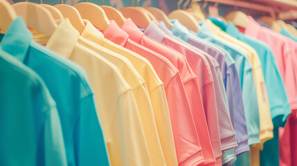 Stack of a lot of folded clothes background. Polo shirt in pastel colorful color tones were hanging on a clothes rack in a clothes shop.
