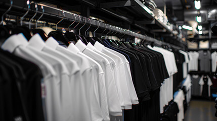 Wall Mural - Stack of a lot of folded clothes background. Polo shirt in white, grey and black color tones were hanging on a clothes rack in a clothes shop.