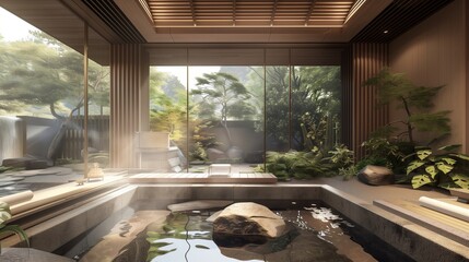 Traditional Japanese onsen spa with natural stone baths, bamboo accents, and tranquil garden views.