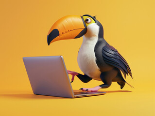 Wall Mural - A Cute 3D Toucan Using a Laptop Computer in a Solid Color Background Room