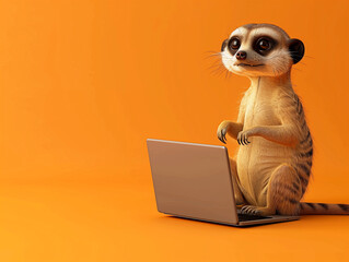 Wall Mural - A Cute 3D Meerkat Using a Laptop Computer in a Solid Color Background Room