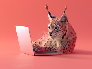 Wall Mural - A Cute 3D Bobcat Using a Laptop Computer in a Solid Color Background Room