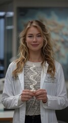 Wall Mural - Female science teacher in a lab coat, holding a model of DNA, educational and clear.