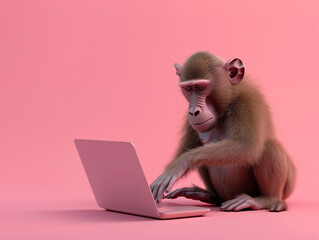 Wall Mural - A Cute 3D Baboon Using a Laptop Computer in a Solid Color Background Room