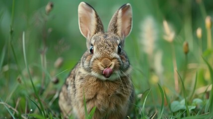 A cute Rabbit in the grass looks directly into the camera and sticks out his tongue