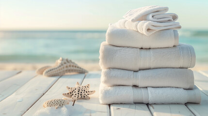 Wall Mural - Stack of folded towels on table with copy-space for text. A lot of stacked towels in white color tones were displayed on a beach background with seashells at dawn.