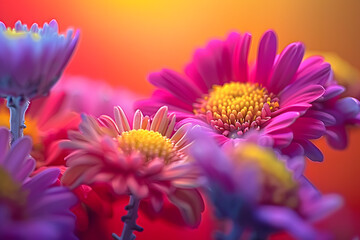 Canvas Print - pink and yellow centers, encircled by purple and yellow petals against a deep red backdrop