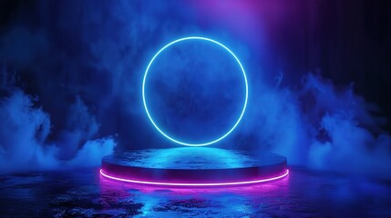 Wall Mural - empty blue podium soaring elegantly, amidst a radiant blue neon ring