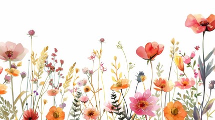 Wall Mural - Abstract pink and orange flowers, leaves and plants on a white background