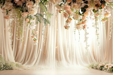 a fairytale-like wedding backdrop with lush flowers and elegant drapes.