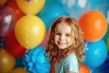 A radiant young girl with curly hair smiling joyfully in a room filled with colorful balloons