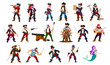 Cartoon pirate and corsair characters. Isolated vector set of whimsical seafaring male and female buccaneers with eye patches, grappling hooks and swords, exploring high seas for treasures and thrills