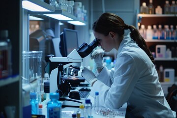 Wall Mural - scientist analyzing microscope slide at laboratory. young woman technician is examining a histologic