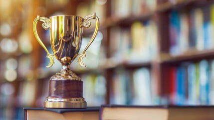 A shining gold trophy cup displayed on a stack of hardcover books against a library backdrop.