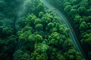 Wall Mural - Aerial view of dense green trees in forest capture CO2 and curve highway road. Green trees background for carbon neutrality and net zero emissions concept. Sustainable green. Carbon, Generative AI