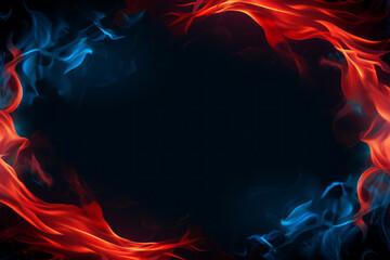 Sticker - Abstract blue and red fire flames frame on black background. Template or banner, creative design with copyspace