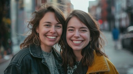 Poster - Two young women smiling at the camera standing on a city street with blurred background suggesting a casual friendly moment.