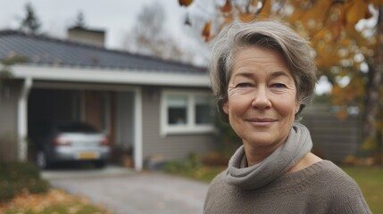 Wall Mural - A woman with short gray hair wearing a gray scarf smiling at the camera standing in front of a house with a car in the garage.