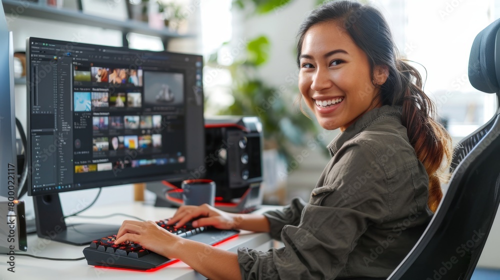 Young woman smiling at camera sitting at computer desk with large ...