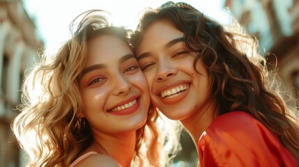 Wall Mural - Two young women with radiant smiles their hair catching the sunlight sharing a joyful moment together.