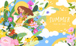 Summer banner with woman girl surrounded by flowers in a field. Cute card and poster, web and social media cover for the summer spring holiday. Showcasing the beauty of nature and botany