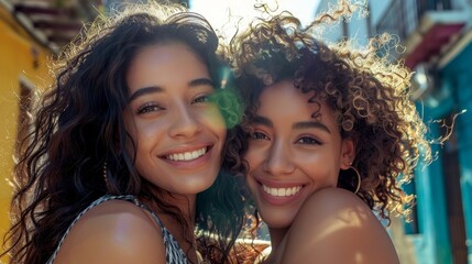 Wall Mural - Two smiling women with curly hair one wearing a striped top embracing each other in a sunny urban setting.