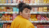 Fototapeta  - A young woman with curly hair wearing a yellow top standing in a supermarket aisle with various packaged food items on the shelves behind her.