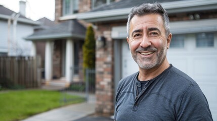 Wall Mural - Smiling man in gray shirt standing in front of brick house with white garage door.