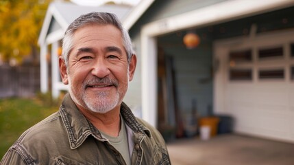 Wall Mural - Smiling man with gray hair and beard wearing a green jacket standing in front of a garage with a white door.