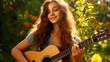 A talented young woman Play guitar for entertainment Or playing music in the nature forest and children with acoustic string instruments outdoors in the park.