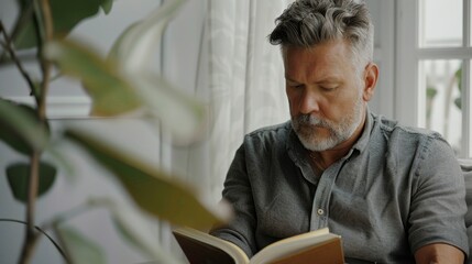 Wall Mural - Gray-haired man with beard reading book in cozy room with white curtains and green plant.