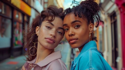 Wall Mural - Two young women with curly hair one wearing a yellow jacket and the other in red posing together on a city street with storefronts in the background.