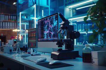 Wall Mural - scientist analyzing microscope slide at laboratory. young woman technician is examining a histologic