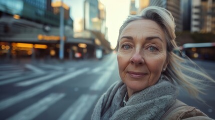 Wall Mural - Woman with gray hair wearing a scarf standing in a city street with blurred buildings and a bus in the background looking directly at the camera with a slight smile.