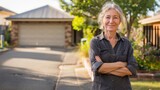 Fototapeta  - Woman standing in front of a house with a garage smiling wearing a dark shirt and crossing her arms.