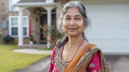 Wall Mural - A smiling woman with gray hair wearing a pink and gold traditional Indian outfit standing in front of a house with a white garage door.